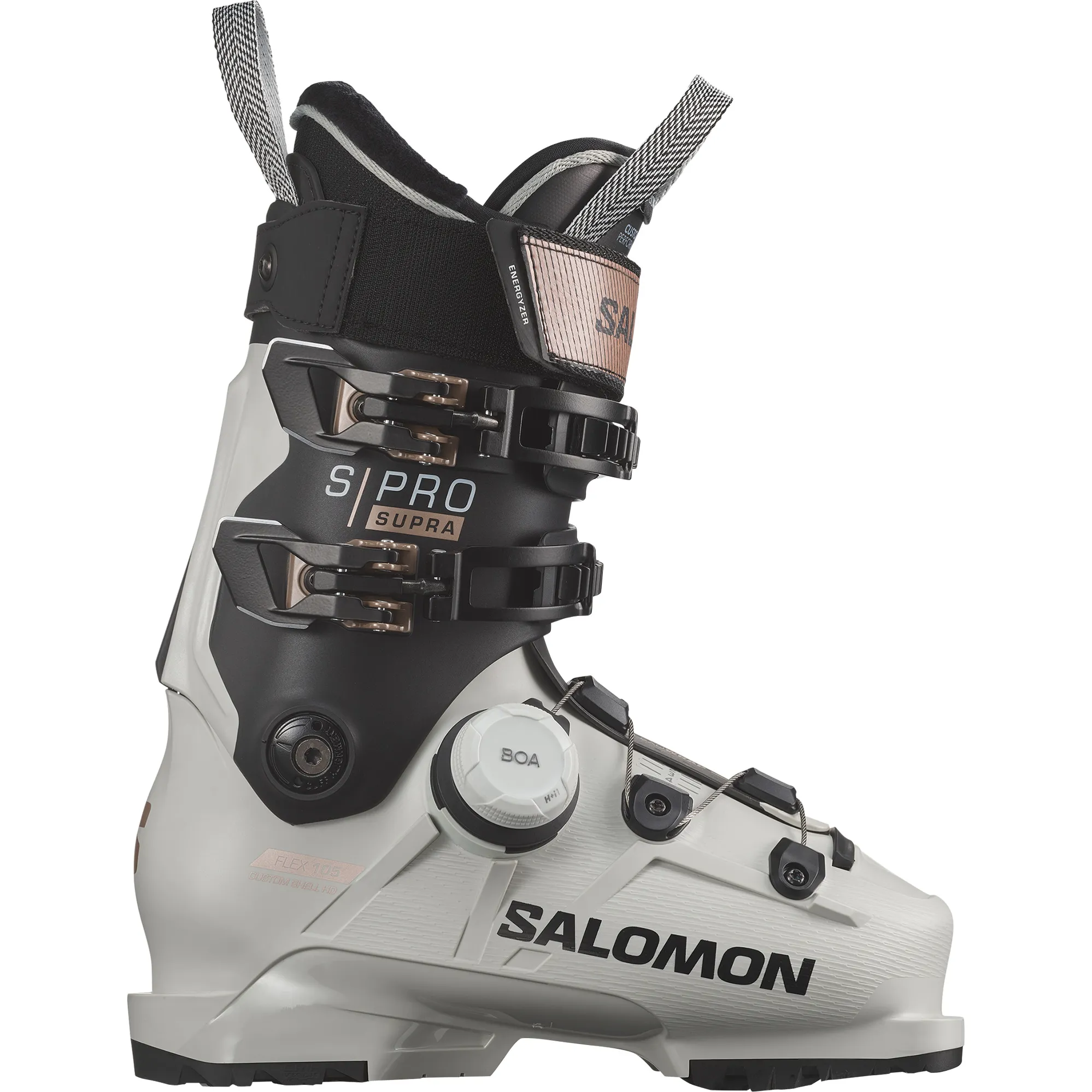 2025 salomon ski boots S/Pro Alpha 130 2026 26.5 in a sleek Black/Titanium Metallic/Beluga color scheme Salomon Women's Shift Alpha BOA